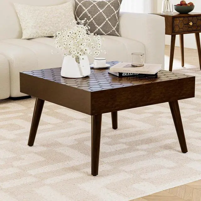 Alt view image 4 of 7 - HOMPUS Rustic Farmhouse Square Coffee Table Honeycomb Pattern MDF Board Wood Finsh Accent Furniture Brown Modern Cocktail Side Table and End Table for Living Room,Bedroom,Home