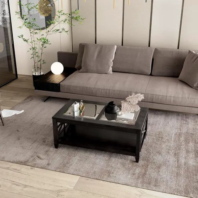 Alt view image 5 of 7 - JESONVID Farmhouse Coffee Table Tempered Glass Top, 2-Tier 45.5" X 26" Solid Wood Rectangular Living Room Table with Large Storage Shelf Vintage Walnut Center Tables for Home Office