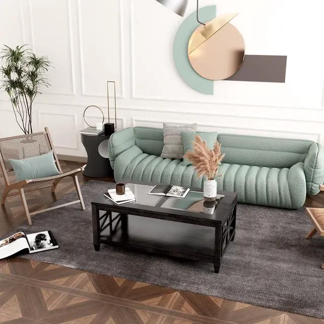 Alt view image 6 of 7 - JESONVID Farmhouse Coffee Table Tempered Glass Top, 2-Tier 45.5" X 26" Solid Wood Rectangular Living Room Table with Large Storage Shelf Vintage Walnut Center Tables for Home Office