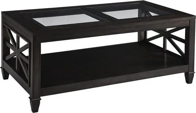 Alt view image 7 of 7 - JESONVID Farmhouse Coffee Table Tempered Glass Top, 2-Tier 45.5" X 26" Solid Wood Rectangular Living Room Table with Large Storage Shelf Vintage Walnut Center Tables for Home Office