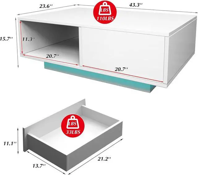 Alt view image 2 of 7 - COSVALVE Modern White LED Coffee Tables for Living Room with Drawer & 16-Color LED Lights, Rectangle Living Room Sofa Table with Ample Storage Space(23.6" D x 43.3" W x 15.7" H)