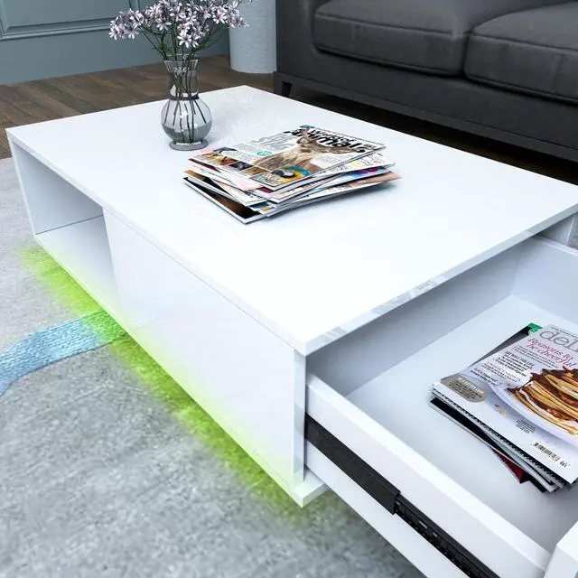 Alt view image 7 of 7 - COSVALVE Modern White LED Coffee Tables for Living Room with Drawer & 16-Color LED Lights, Rectangle Living Room Sofa Table with Ample Storage Space(23.6" D x 43.3" W x 15.7" H)