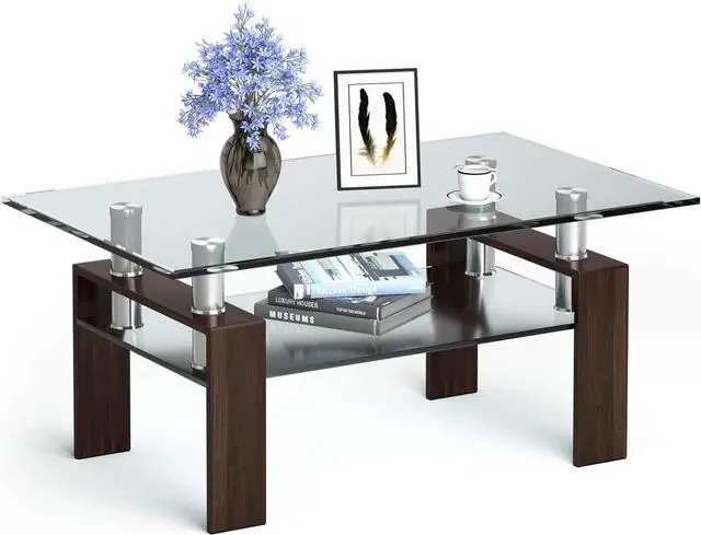 Main image of Tangkula Rectangular Glass Coffee Table, Modern Side Coffee Table w/Lower Shelf, Tempered Glass Tabletop & Metal Legs, Suitable for Living Room Office (Coffee)