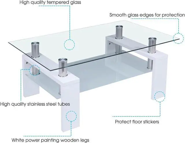 Alt view image 4 of 7 - Coffee Table, Axonl Coffee Table for Living Room Rectangle Modern Coffee Table Glass Center Table for Living Room, 2-Tier Living Room Table Coffee Table with Storage for Office Home, White
