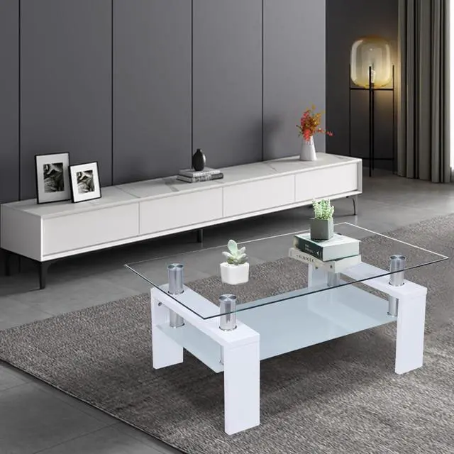 Alt view image 5 of 7 - Coffee Table, Axonl Coffee Table for Living Room Rectangle Modern Coffee Table Glass Center Table for Living Room, 2-Tier Living Room Table Coffee Table with Storage for Office Home, White