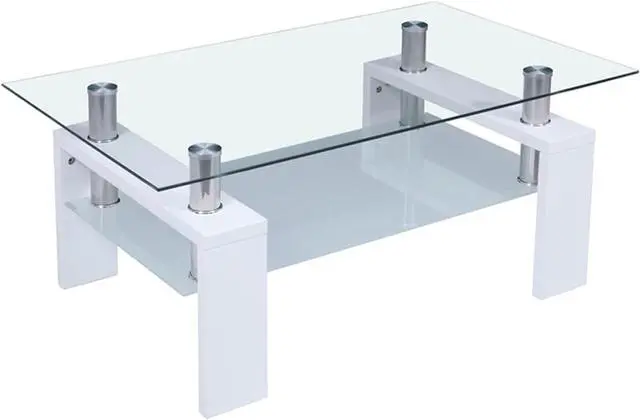 Alt view image 7 of 7 - Coffee Table, Axonl Coffee Table for Living Room Rectangle Modern Coffee Table Glass Center Table for Living Room, 2-Tier Living Room Table Coffee Table with Storage for Office Home, White
