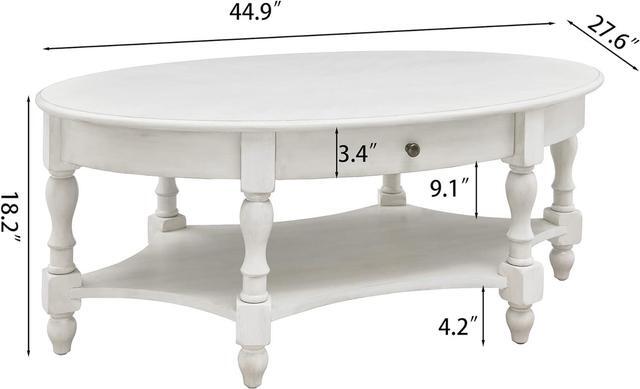 Alt view image 2 of 7 - JESONVID Solid Wood Oval Coffee Table with Drawer and Storage Shelf, 44.9" Traditional Retro Center Table Polished Edging Cocktail Tea Table for Living Room Bedroom Home, Antique White