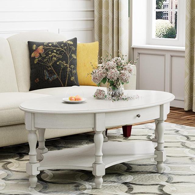 Alt view image 3 of 7 - JESONVID Solid Wood Oval Coffee Table with Drawer and Storage Shelf, 44.9" Traditional Retro Center Table Polished Edging Cocktail Tea Table for Living Room Bedroom Home, Antique White