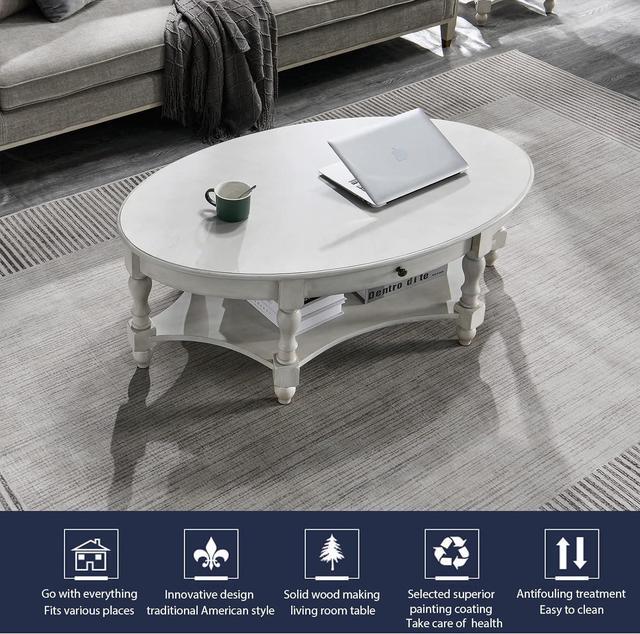 Alt view image 4 of 7 - JESONVID Solid Wood Oval Coffee Table with Drawer and Storage Shelf, 44.9" Traditional Retro Center Table Polished Edging Cocktail Tea Table for Living Room Bedroom Home, Antique White