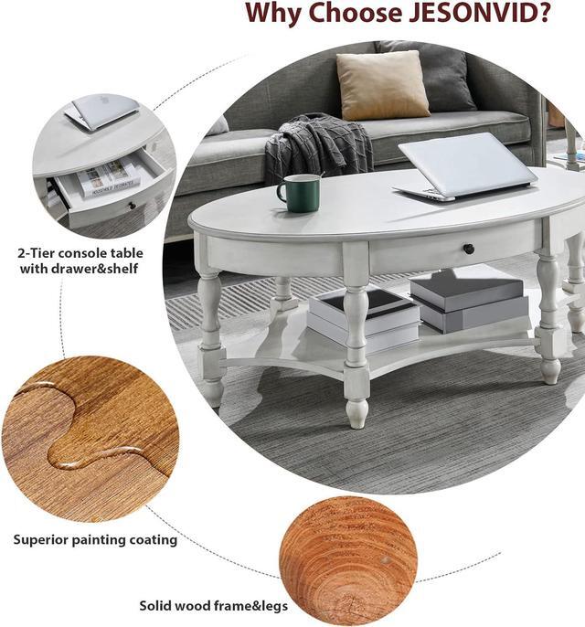 Alt view image 5 of 7 - JESONVID Solid Wood Oval Coffee Table with Drawer and Storage Shelf, 44.9" Traditional Retro Center Table Polished Edging Cocktail Tea Table for Living Room Bedroom Home, Antique White