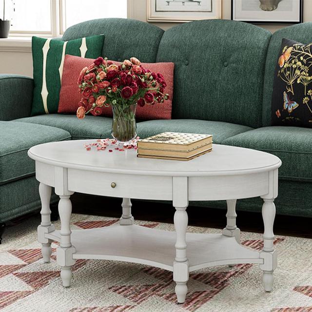 Alt view image 6 of 7 - JESONVID Solid Wood Oval Coffee Table with Drawer and Storage Shelf, 44.9" Traditional Retro Center Table Polished Edging Cocktail Tea Table for Living Room Bedroom Home, Antique White