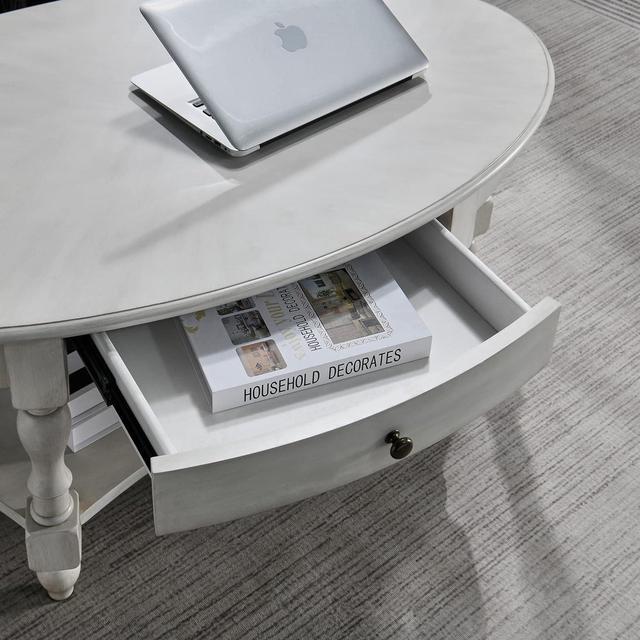 Alt view image 7 of 7 - JESONVID Solid Wood Oval Coffee Table with Drawer and Storage Shelf, 44.9" Traditional Retro Center Table Polished Edging Cocktail Tea Table for Living Room Bedroom Home, Antique White