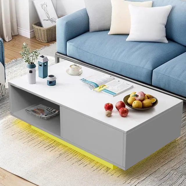 Alt view image 4 of 7 - COSVALVE Modern White LED Coffee Tables for Living Room with Drawer & 16-Color LED Lights, Rectangle Living Room Sofa Table with Ample Storage Space(23.6" D x 43.3" W x 15.7" H)