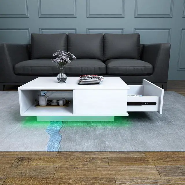 Alt view image 3 of 7 - COSVALVE Modern White LED Coffee Tables for Living Room with Drawer & 16-Color LED Lights, Rectangle Living Room Sofa Table with Ample Storage Space(23.6" D x 43.3" W x 15.7" H)