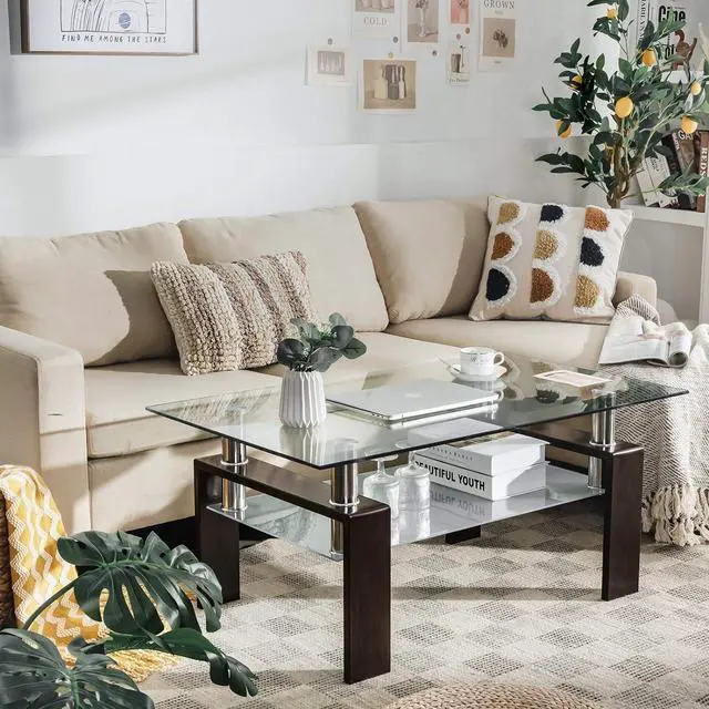 Alt view image 2 of 7 - Tangkula Rectangular Glass Coffee Table, Modern Side Coffee Table w/Lower Shelf, Tempered Glass Tabletop & Metal Legs, Suitable for Living Room Office (Coffee)
