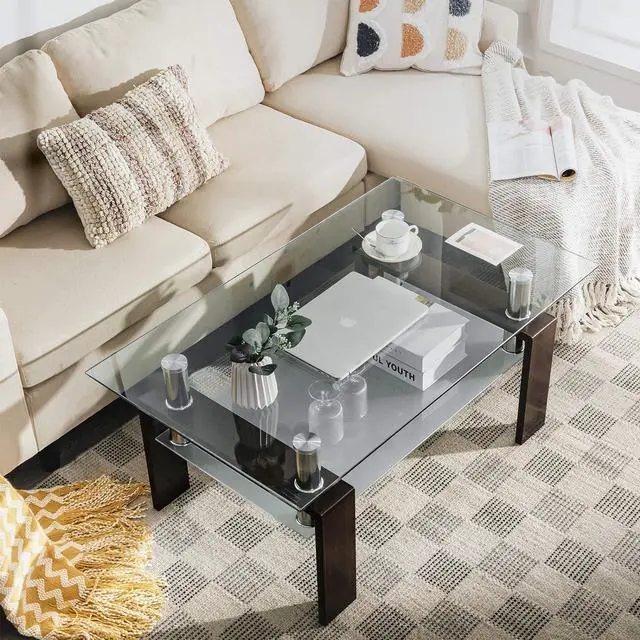 Alt view image 4 of 7 - Tangkula Rectangular Glass Coffee Table, Modern Side Coffee Table w/Lower Shelf, Tempered Glass Tabletop & Metal Legs, Suitable for Living Room Office (Coffee)