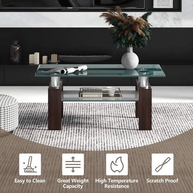 Alt view image 5 of 7 - NAFORT Glass Coffee Table for Living Room, 2-Tier Modern Rectangle Living Room Table Tea Table, Tempered Glass Top & Metal Legs Side Coffee Table with Storage Shelf