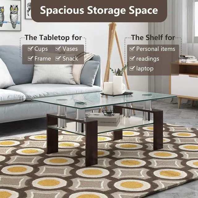 Alt view image 4 of 7 - NAFORT Glass Coffee Table for Living Room, 2-Tier Modern Rectangle Living Room Table Tea Table, Tempered Glass Top & Metal Legs Side Coffee Table with Storage Shelf