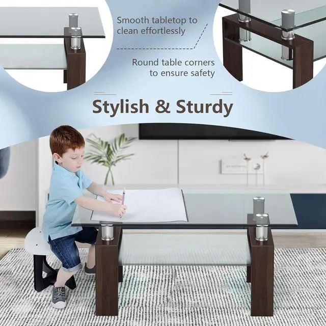 Alt view image 7 of 7 - Tangkula Rectangular Glass Coffee Table, Modern Side Coffee Table w/Lower Shelf, Tempered Glass Tabletop & Metal Legs, Suitable for Living Room Office (Coffee)