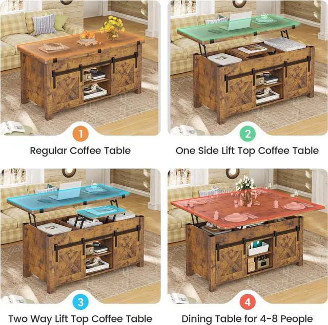 Alt view image 3 of 7 - SEDETA Lift Top Coffee Table, 4 in 1 Convertible Coffee Tables with Storage and Hidden Compartment for Living Room, Farmhouse Coffee Table Converts to Dining Table, Dining Reception Room, Rustic Brown