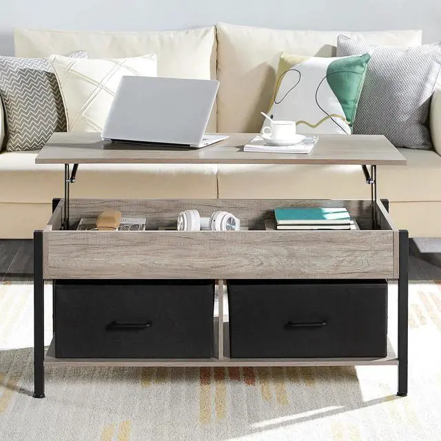 Alt view image 4 of 7 - Topeakmart Lift Top Coffee Table with Hidden Storage Compartment Shelves and 2 Fabric Baskets, Retro Central Table with Wooden Lift-up Tabletop for Living Room Reception Room, Gray