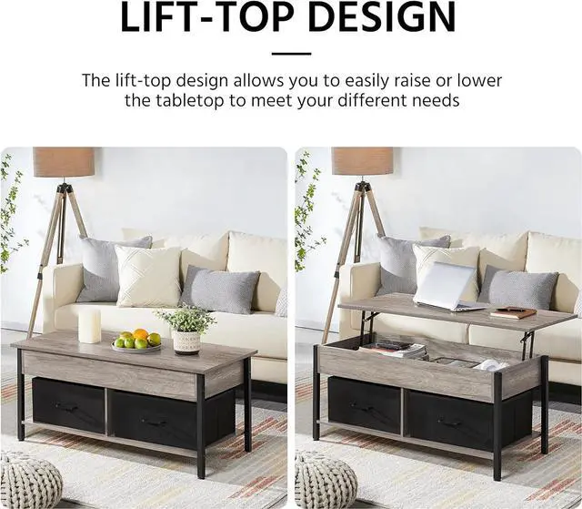 Alt view image 5 of 7 - Topeakmart Lift Top Coffee Table with Hidden Storage Compartment Shelves and 2 Fabric Baskets, Retro Central Table with Wooden Lift-up Tabletop for Living Room Reception Room, Gray