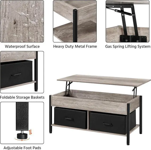 Alt view image 6 of 7 - Topeakmart Lift Top Coffee Table with Hidden Storage Compartment Shelves and 2 Fabric Baskets, Retro Central Table with Wooden Lift-up Tabletop for Living Room Reception Room, Gray