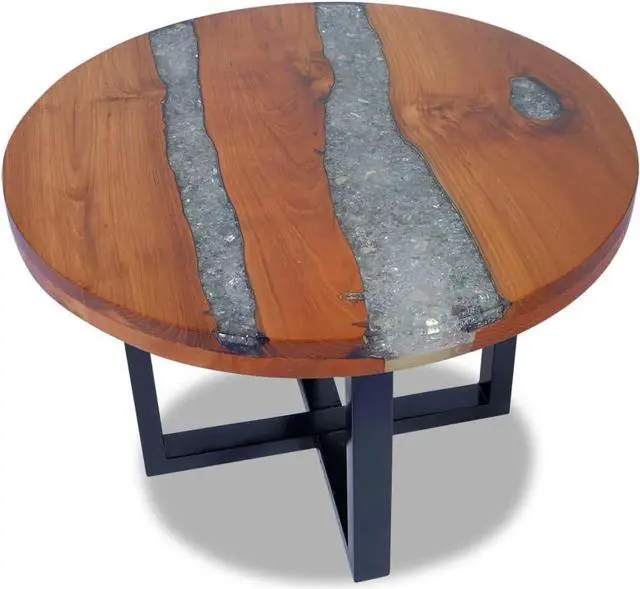 Main image of vidaXL Teak Resin Coffee Table - Solid Round Multicolor Tabletop with Clear Lacquer Finish - Urban Industrial Coffee/Low Table - Mango Wood Base