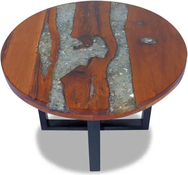 Alt view image 3 of 7 - vidaXL Teak Resin Coffee Table - Solid Round Multicolor Tabletop with Clear Lacquer Finish - Urban Industrial Coffee/Low Table - Mango Wood Base