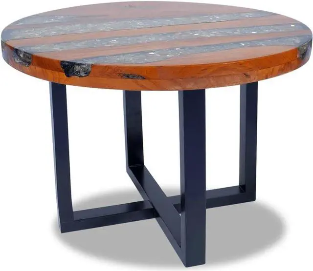 Alt view image 5 of 7 - vidaXL Teak Resin Coffee Table - Solid Round Multicolor Tabletop with Clear Lacquer Finish - Urban Industrial Coffee/Low Table - Mango Wood Base
