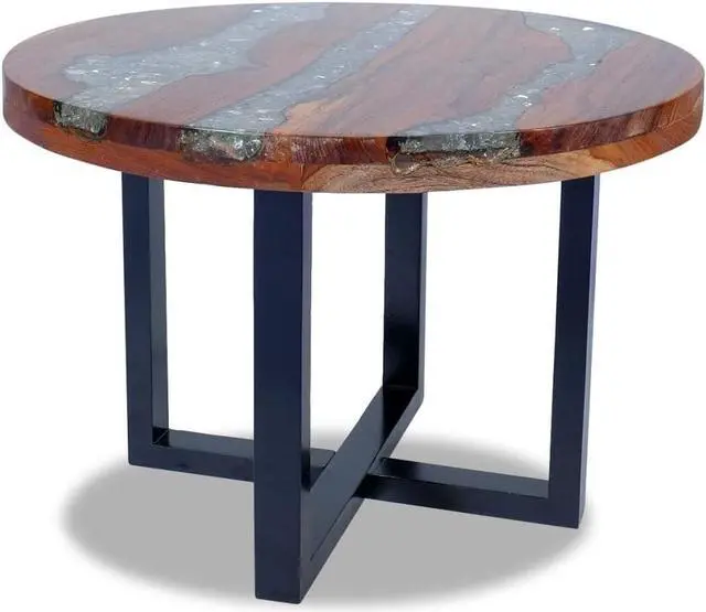 Alt view image 6 of 7 - vidaXL Teak Resin Coffee Table - Solid Round Multicolor Tabletop with Clear Lacquer Finish - Urban Industrial Coffee/Low Table - Mango Wood Base