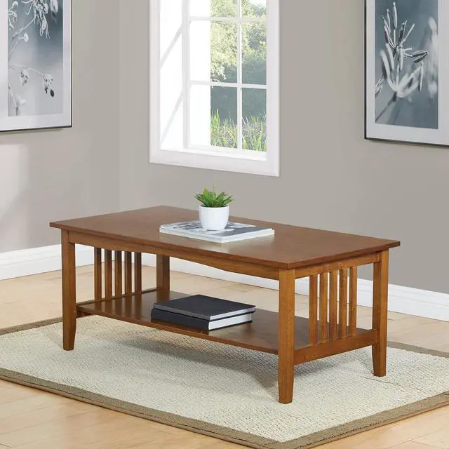 Alt view image 2 of 7 - OSP Home Furnishings Sierra Coffee Table with Lower Storage Shelf and Mission Style Side Panels, Brown Ash