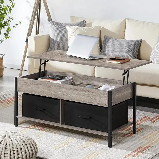 Alt view image 2 of 7 - Topeakmart Lift Top Coffee Table with Hidden Storage Compartment Shelves and 2 Fabric Baskets, Retro Central Table with Wooden Lift-up Tabletop for Living Room Reception Room, Gray