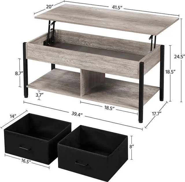 Alt view image 3 of 7 - Topeakmart Lift Top Coffee Table with Hidden Storage Compartment Shelves and 2 Fabric Baskets, Retro Central Table with Wooden Lift-up Tabletop for Living Room Reception Room, Gray