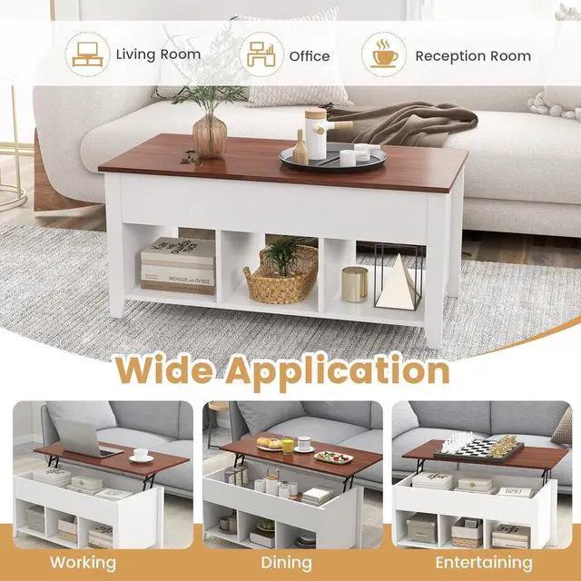 Alt view image 3 of 7 - Casart Coffee Table with Hidden Storage Compartment, Display Shelves, Lift Tabletop for Living Room, Bedroom, Home&Office Furniture Retro Central Table Lift Top Tea Dining Table (White+Brown)