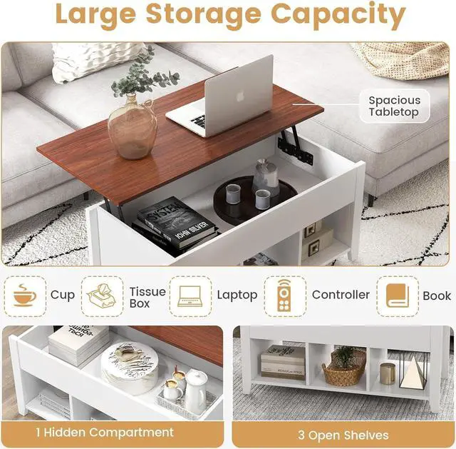 Alt view image 4 of 7 - Casart Coffee Table with Hidden Storage Compartment, Display Shelves, Lift Tabletop for Living Room, Bedroom, Home&Office Furniture Retro Central Table Lift Top Tea Dining Table (White+Brown)