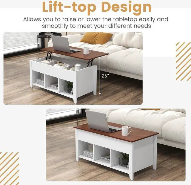Alt view image 5 of 7 - Casart Coffee Table with Hidden Storage Compartment, Display Shelves, Lift Tabletop for Living Room, Bedroom, Home&Office Furniture Retro Central Table Lift Top Tea Dining Table (White+Brown)