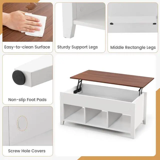 Alt view image 7 of 7 - Casart Coffee Table with Hidden Storage Compartment, Display Shelves, Lift Tabletop for Living Room, Bedroom, Home&Office Furniture Retro Central Table Lift Top Tea Dining Table (White+Brown)