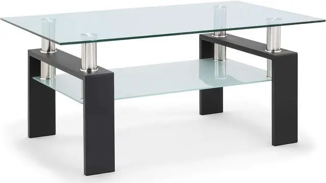 Main image of Xmatch Tempered Glass Coffee Table for Living Room with 2 Tiers Size 39.4" x 23.7" (W x D) Black