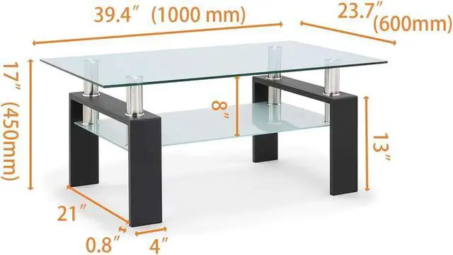 Alt view image 3 of 7 - Xmatch Tempered Glass Coffee Table for Living Room with 2 Tiers Size 39.4" x 23.7" (W x D) Black