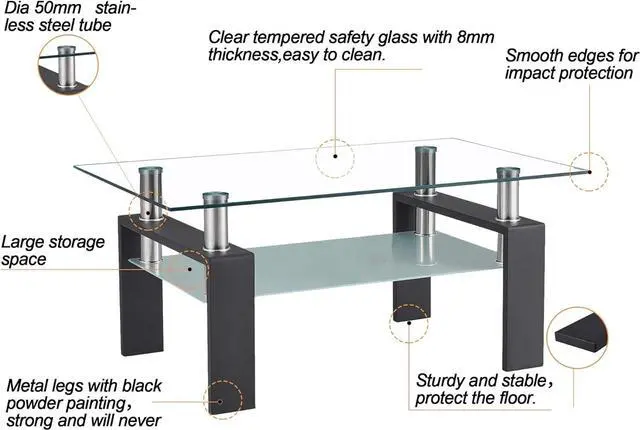 Alt view image 4 of 7 - Xmatch Tempered Glass Coffee Table for Living Room with 2 Tiers Size 39.4" x 23.7" (W x D) Black