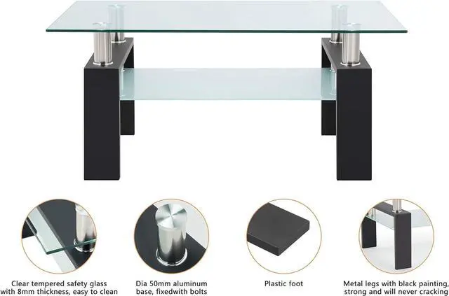 Alt view image 5 of 7 - Xmatch Tempered Glass Coffee Table for Living Room with 2 Tiers Size 39.4" x 23.7" (W x D) Black