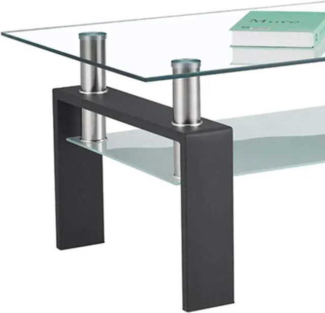 Alt view image 7 of 7 - Xmatch Tempered Glass Coffee Table for Living Room with 2 Tiers Size 39.4" x 23.7" (W x D) Black
