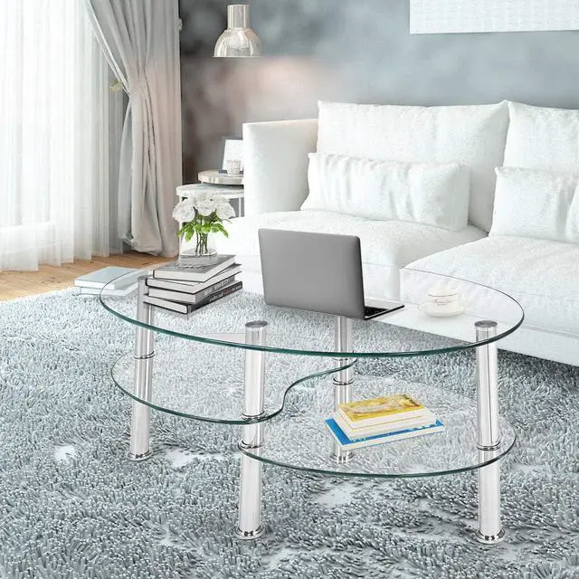 Main image of Safstar Glass Coffee Table, Modern Style Glass Shelves with Steel Legs for Living Room, Cocktail Tea Table (Clear Glass)