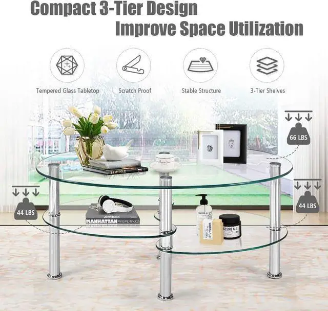 Alt view image 3 of 6 - Safstar Glass Coffee Table, Modern Style Glass Shelves with Steel Legs for Living Room, Cocktail Tea Table (Clear Glass)