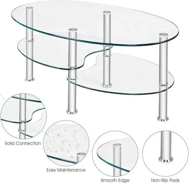 Alt view image 5 of 6 - Safstar Glass Coffee Table, Modern Style Glass Shelves with Steel Legs for Living Room, Cocktail Tea Table (Clear Glass)