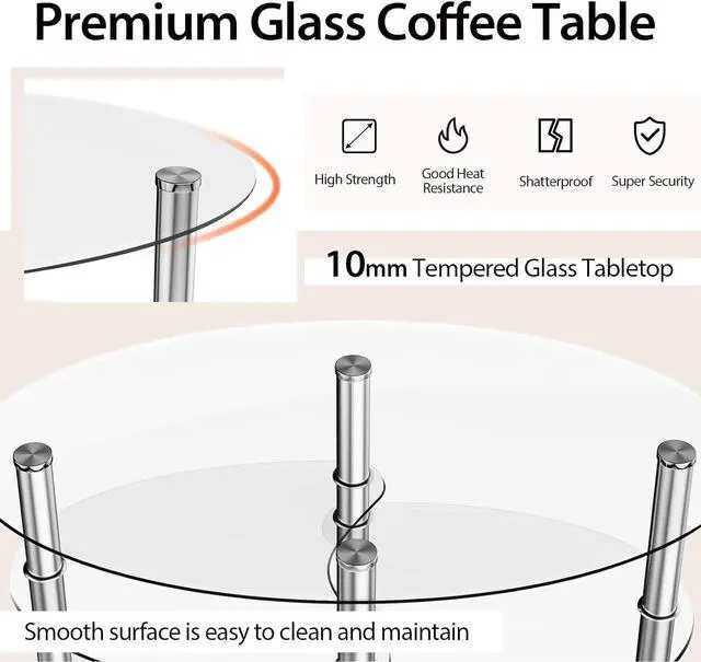 Alt view image 4 of 6 - Safstar Glass Coffee Table, Modern Style Glass Shelves with Steel Legs for Living Room, Cocktail Tea Table (Clear Glass)