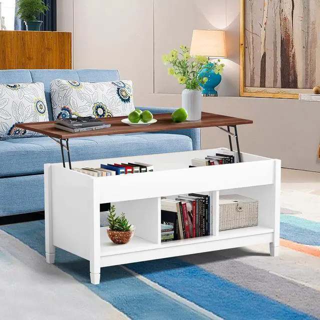 Alt view image 2 of 7 - KOTEK Lift Top Coffee Table with Hidden Compartment & Open Shelves, Modern Coffee Table with Storage, Accent Table Lift-Top Table for Living Room, Reception Room (White)