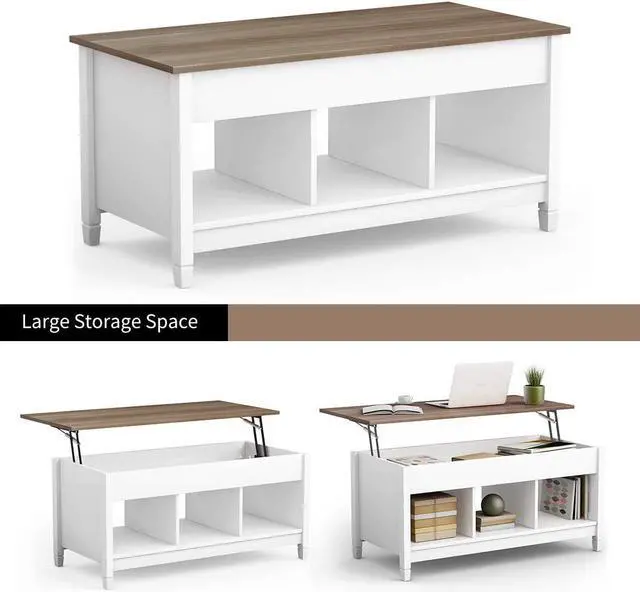 Alt view image 4 of 7 - KOTEK Lift Top Coffee Table with Hidden Compartment & Open Shelves, Modern Coffee Table with Storage, Accent Table Lift-Top Table for Living Room, Reception Room (White)