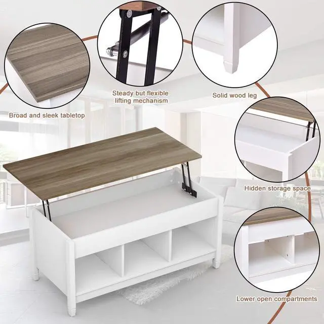 Alt view image 5 of 7 - KOTEK Lift Top Coffee Table with Hidden Compartment & Open Shelves, Modern Coffee Table with Storage, Accent Table Lift-Top Table for Living Room, Reception Room (White)
